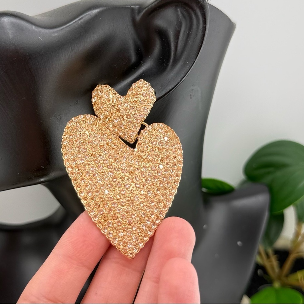 Statement Heart Earrings | Gold-Tone Rhinestone Drop Dangles - Picture 8 of 10